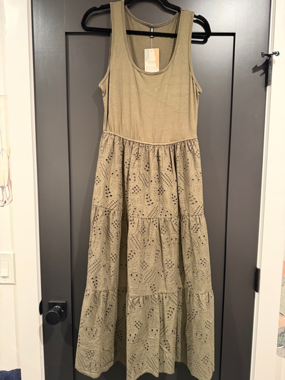 Sleeveless Eyelet Tiered Maxi Dress in Olive